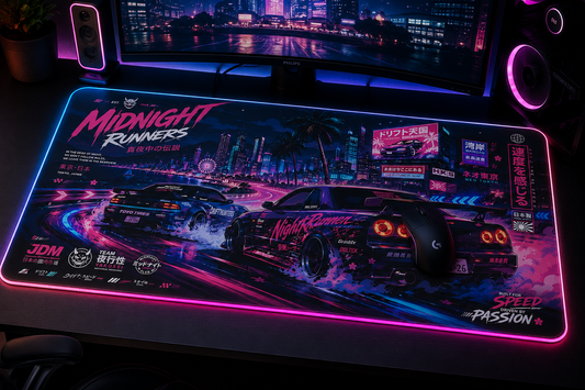 Retro Neon Racing LED Gaming Mouse Pad — "Midnight Runners" RGB Desk Mat