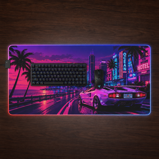 Vice City Sunset Retro Gaming Mouse Pad – Extended RGB Desk Mat, Synthwave Cyberpunk Supercar Aesthetics, Large Desk Pad