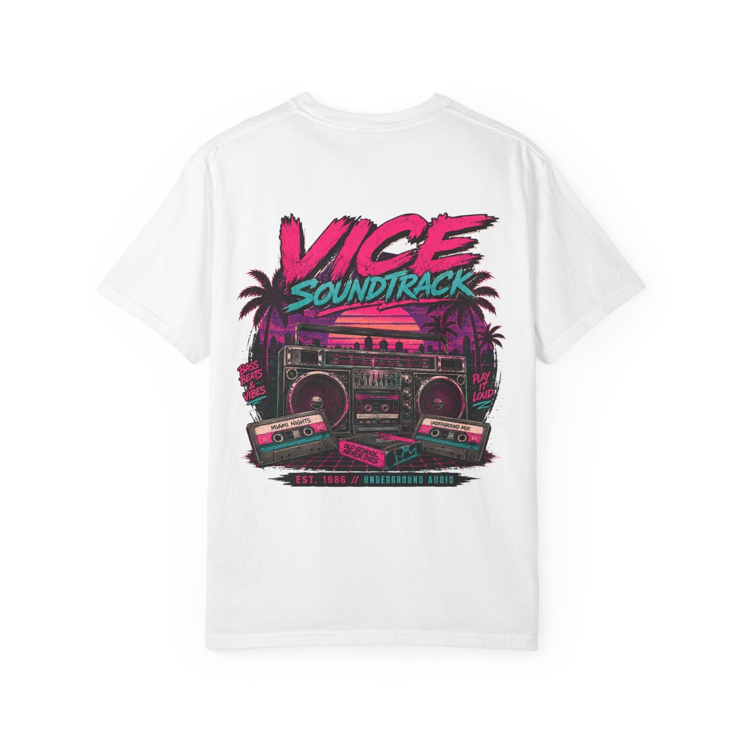 Vice Soundtrack Retro Streetwear T-Shirt – 80s Synthwave Boombox Graphic Tee, Cyberpunk Urban Apparel, Heavyweight Cotton Graphic Shirt