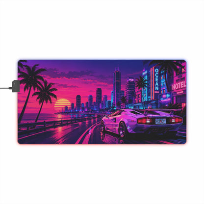 Vice City Sunset Retro Gaming Mouse Pad – Extended RGB Desk Mat, Synthwave Cyberpunk Supercar Aesthetics, Large Desk Pad