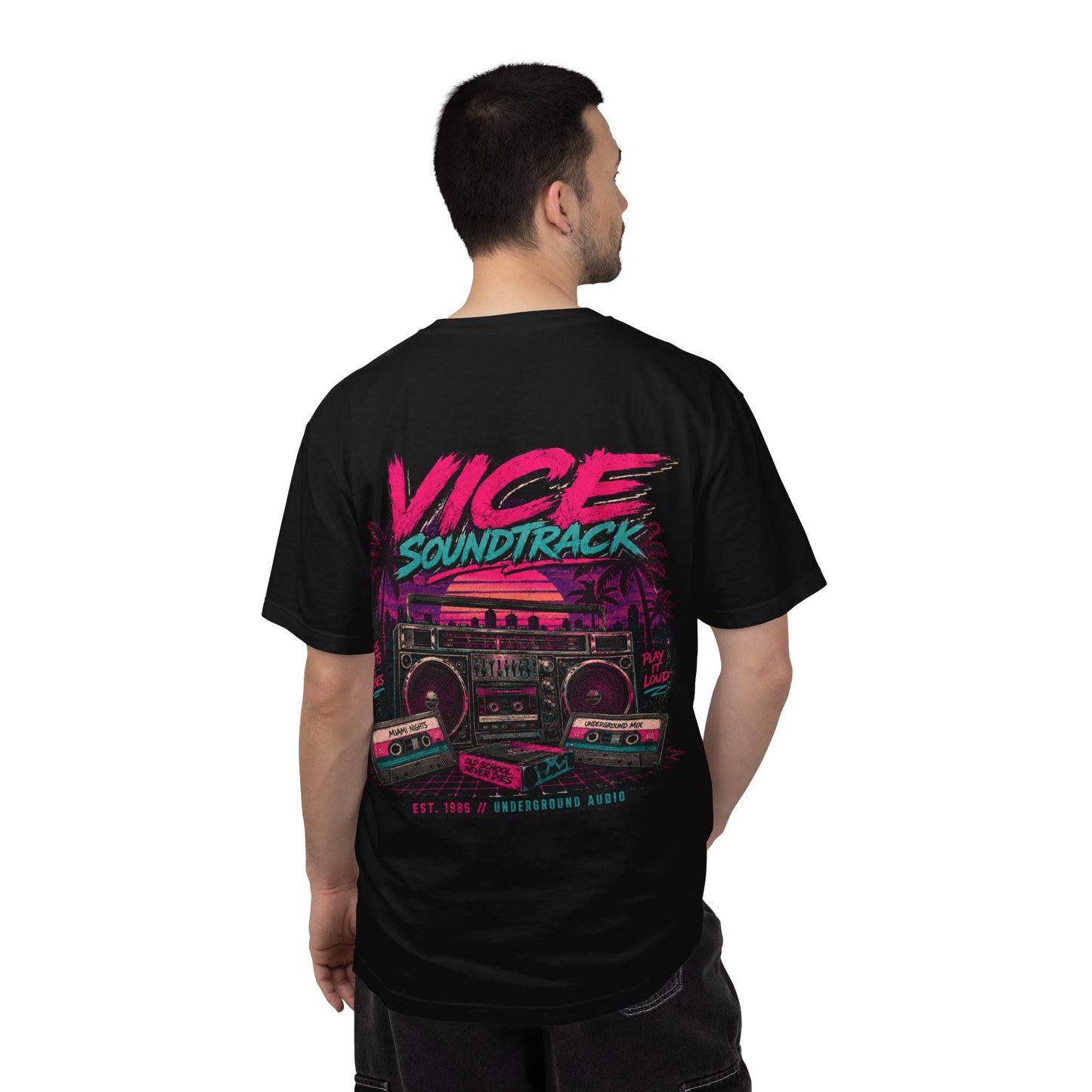 Vice Soundtrack Retro Streetwear T-Shirt – 80s Synthwave Boombox Graphic Tee, Cyberpunk Urban Apparel, Heavyweight Cotton Graphic Shirt