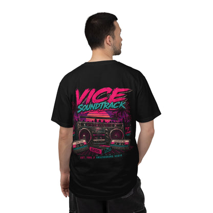 Vice Soundtrack Retro Streetwear T-Shirt – 80s Synthwave Boombox Graphic Tee, Cyberpunk Urban Apparel, Heavyweight Cotton Graphic Shirt