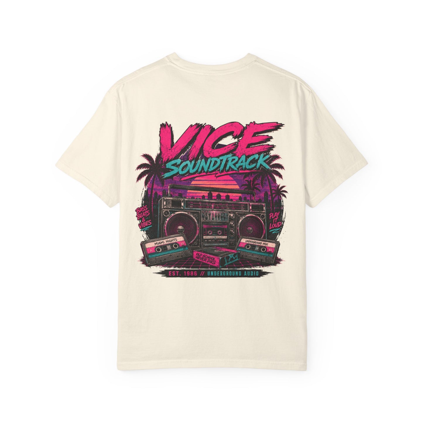 Vice Soundtrack Retro Streetwear T-Shirt – 80s Synthwave Boombox Graphic Tee, Cyberpunk Urban Apparel, Heavyweight Cotton Graphic Shirt