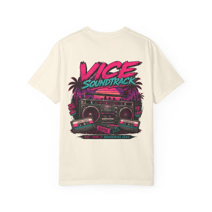 Vice Soundtrack Retro Streetwear T-Shirt – 80s Synthwave Boombox Graphic Tee, Cyberpunk Urban Apparel, Heavyweight Cotton Graphic Shirt