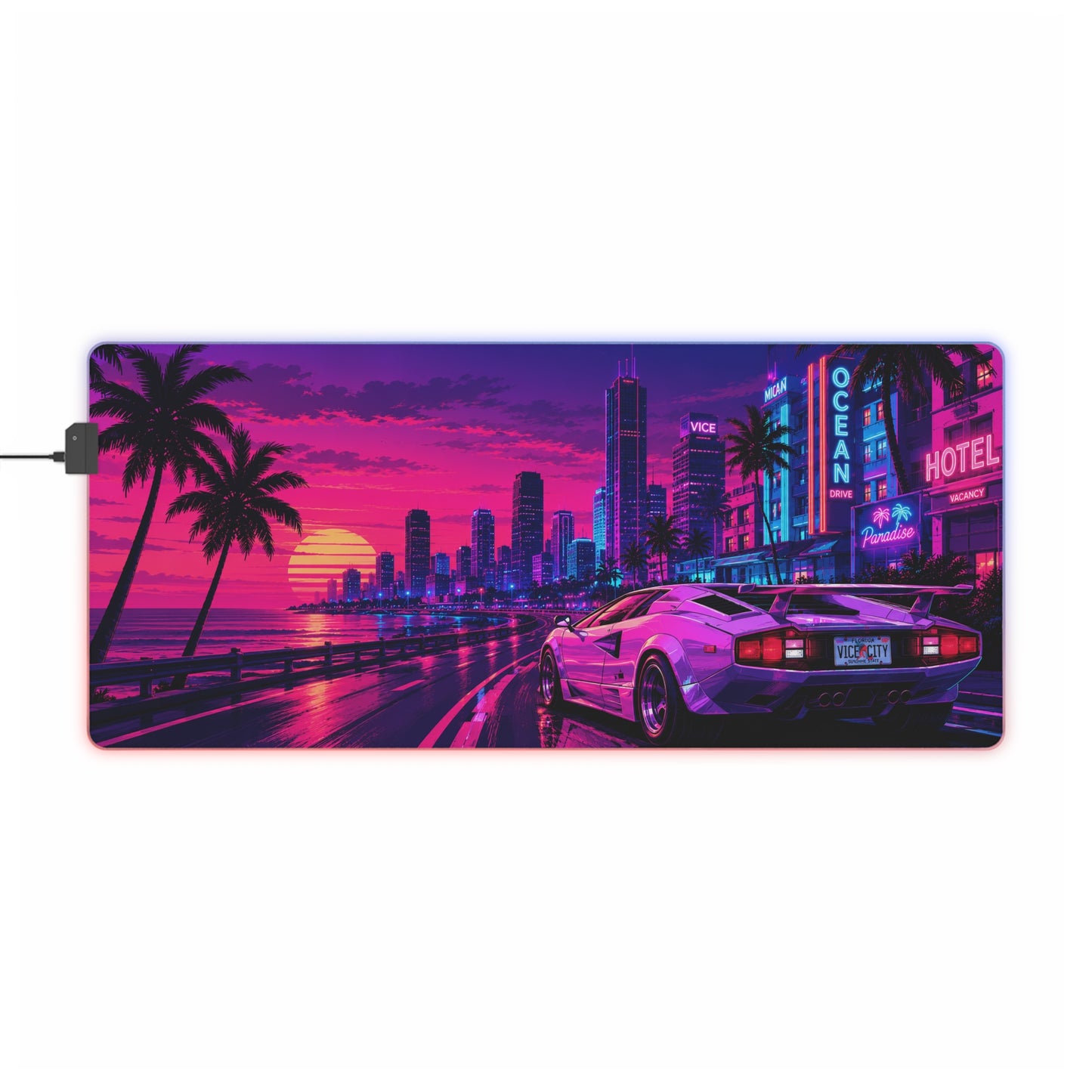 Vice City Sunset Retro Gaming Mouse Pad – Extended RGB Desk Mat, Synthwave Cyberpunk Supercar Aesthetics, Large Desk Pad