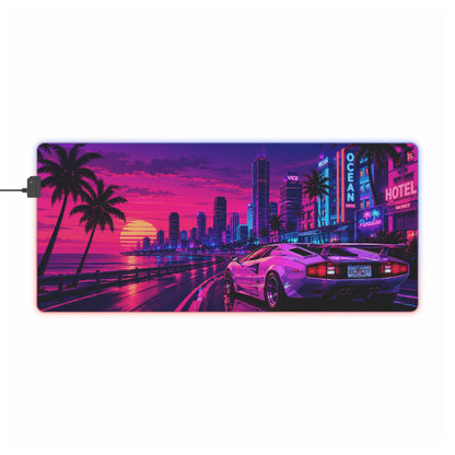 Vice City Sunset Retro Gaming Mouse Pad – Extended RGB Desk Mat, Synthwave Cyberpunk Supercar Aesthetics, Large Desk Pad