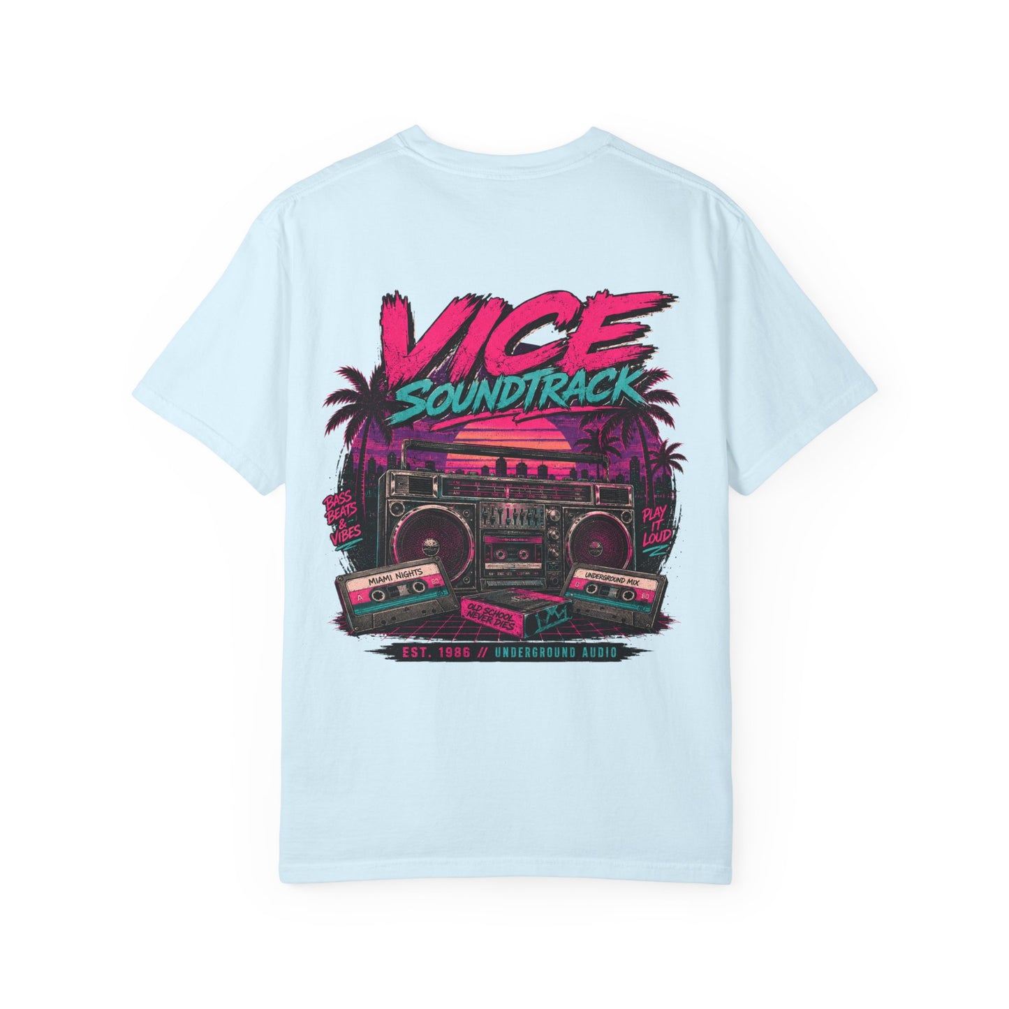 Vice Soundtrack Retro Streetwear T-Shirt – 80s Synthwave Boombox Graphic Tee, Cyberpunk Urban Apparel, Heavyweight Cotton Graphic Shirt