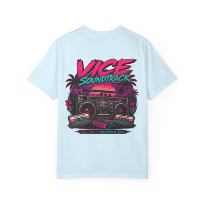 Vice Soundtrack Retro Streetwear T-Shirt – 80s Synthwave Boombox Graphic Tee, Cyberpunk Urban Apparel, Heavyweight Cotton Graphic Shirt