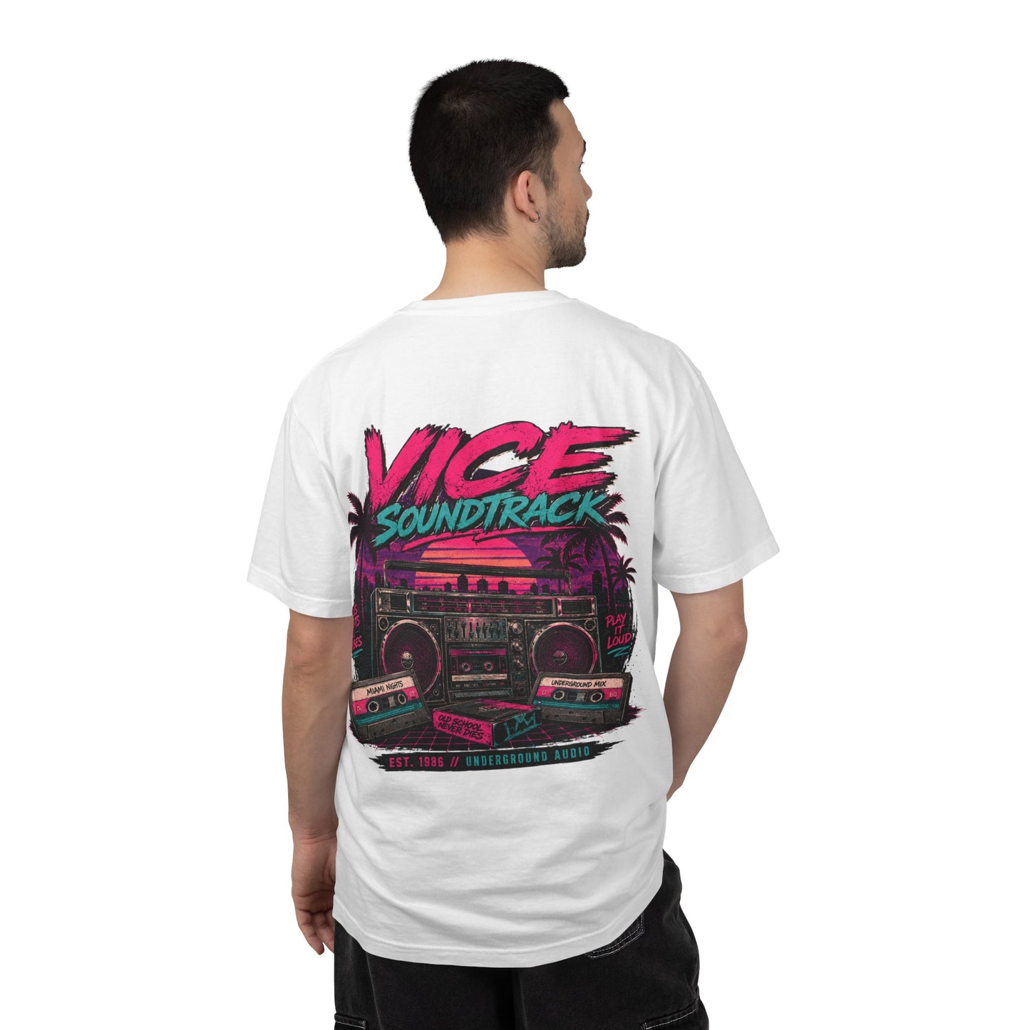Vice Soundtrack Retro Streetwear T-Shirt – 80s Synthwave Boombox Graphic Tee, Cyberpunk Urban Apparel, Heavyweight Cotton Graphic Shirt