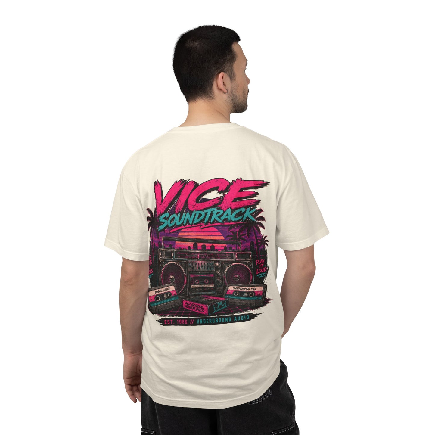 Vice Soundtrack Retro Streetwear T-Shirt – 80s Synthwave Boombox Graphic Tee, Cyberpunk Urban Apparel, Heavyweight Cotton Graphic Shirt