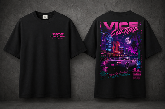 Vice Culture Oversized Neon Streetwear T-Shirt – Retro Cyberpunk City Back Print