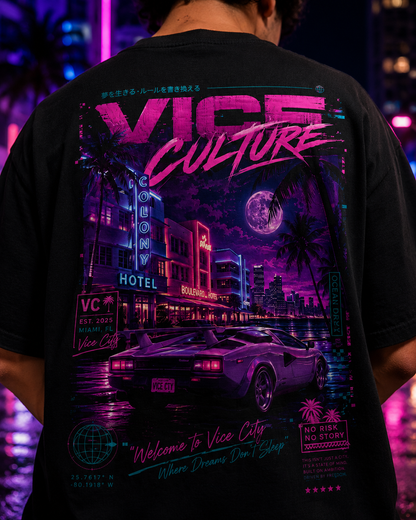 Vice Culture Oversized Neon Streetwear T-Shirt – Retro Cyberpunk City Back Print