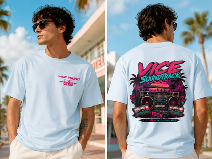 Vice Soundtrack Retro Streetwear T-Shirt – 80s Synthwave Boombox Graphic Tee, Cyberpunk Urban Apparel, Heavyweight Cotton Graphic Shirt