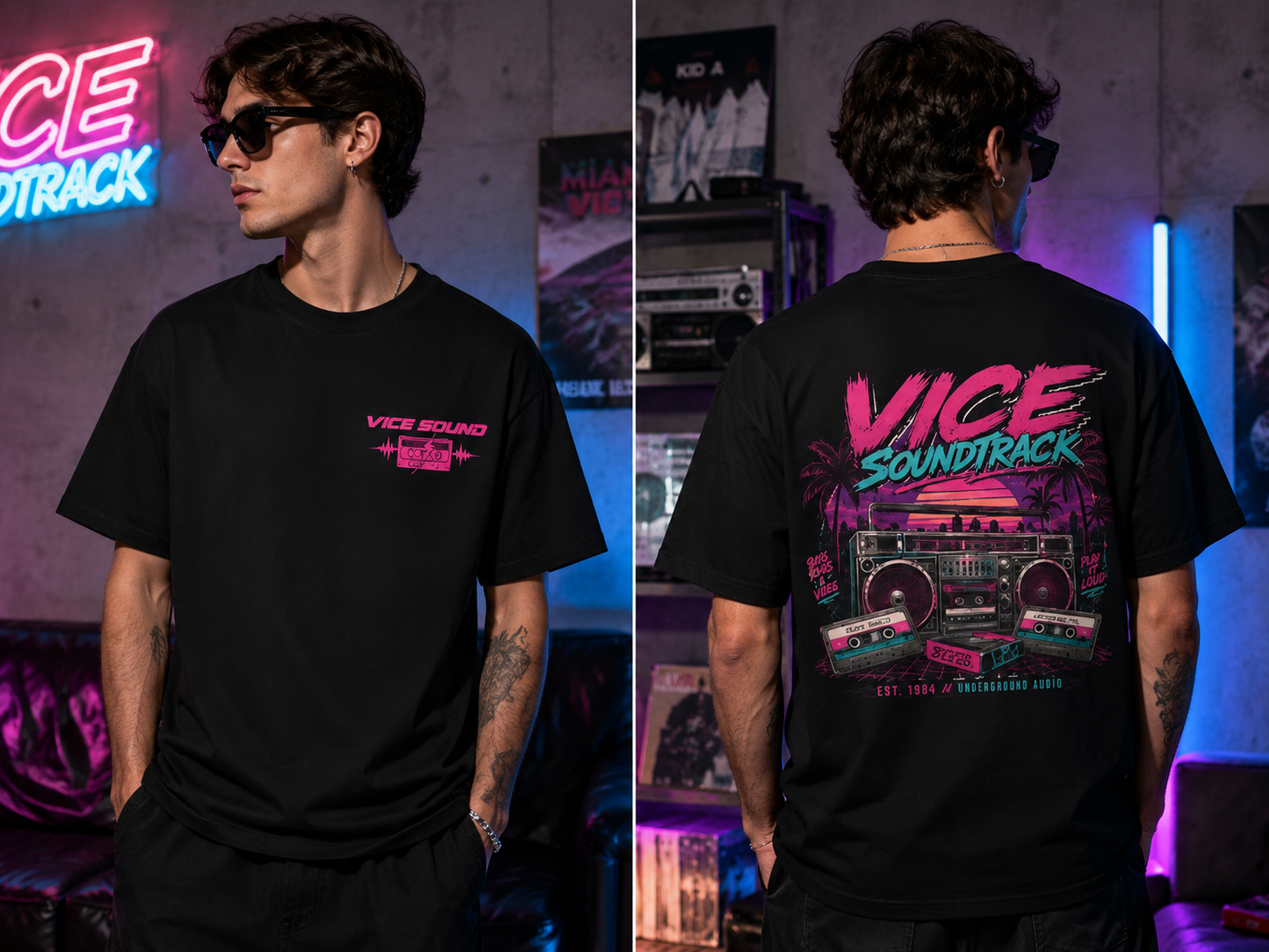Vice Soundtrack Retro Streetwear T-Shirt – 80s Synthwave Boombox Graphic Tee, Cyberpunk Urban Apparel, Heavyweight Cotton Graphic Shirt