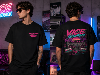 Vice Soundtrack Retro Streetwear T-Shirt – 80s Synthwave Boombox Graphic Tee, Cyberpunk Urban Apparel, Heavyweight Cotton Graphic Shirt