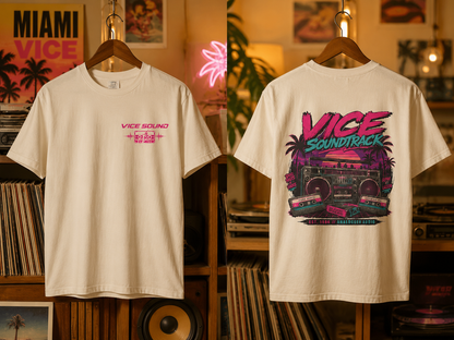 Vice Soundtrack Retro Streetwear T-Shirt – 80s Synthwave Boombox Graphic Tee, Cyberpunk Urban Apparel, Heavyweight Cotton Graphic Shirt