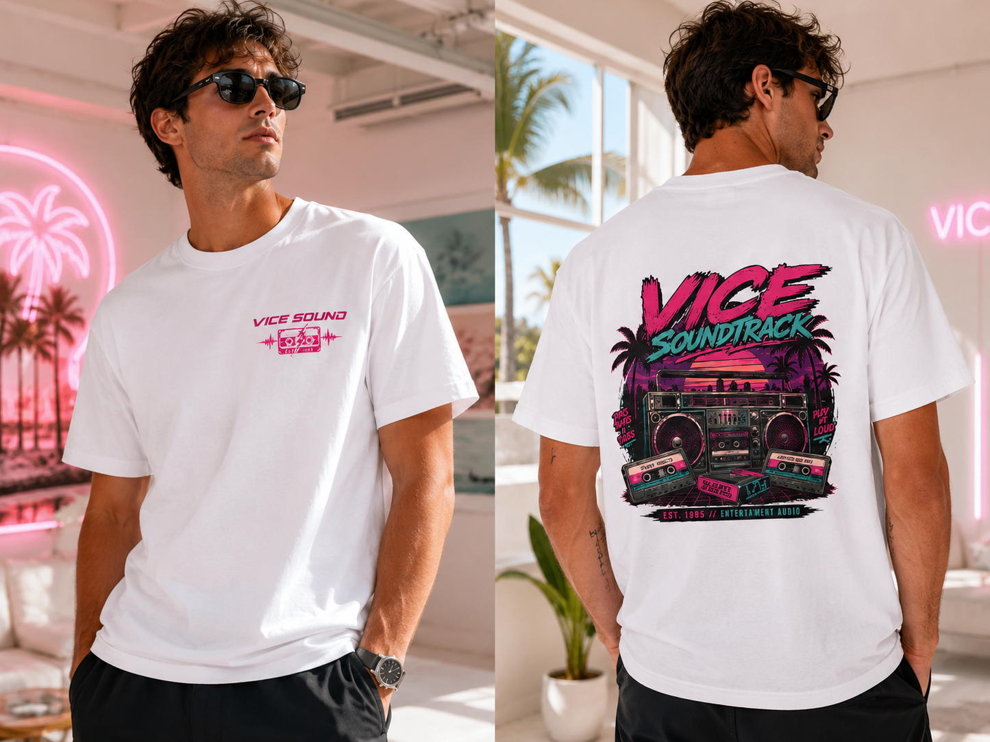 Vice Soundtrack Retro Streetwear T-Shirt – 80s Synthwave Boombox Graphic Tee, Cyberpunk Urban Apparel, Heavyweight Cotton Graphic Shirt