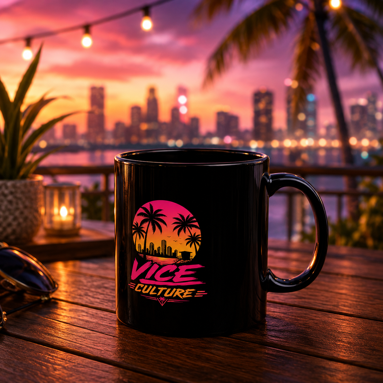 Vice Culture Miami Sunset Black Ceramic Mug – Retro Tropical Streetwear Coffee Cup