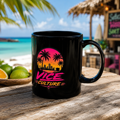 Vice Culture Miami Sunset Black Ceramic Mug – Retro Tropical Streetwear Coffee Cup