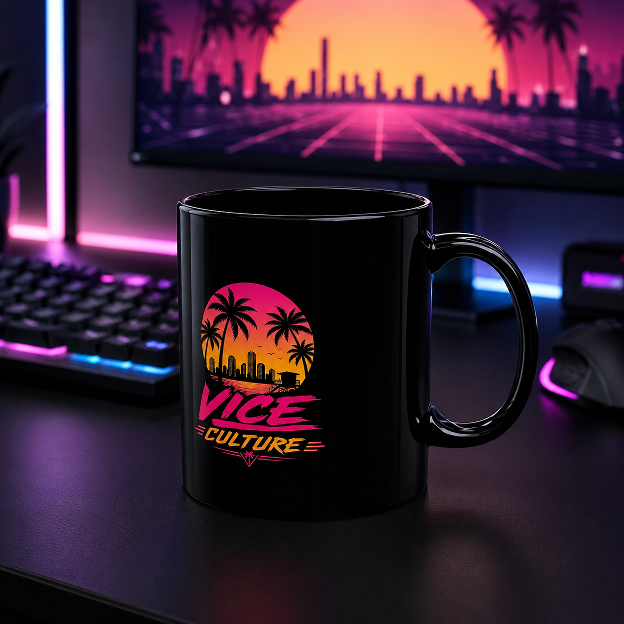 Vice Culture Miami Sunset Black Ceramic Mug – Retro Tropical Streetwear Coffee Cup