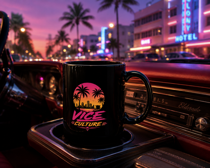 Vice Culture Miami Sunset Black Ceramic Mug – Retro Tropical Streetwear Coffee Cup