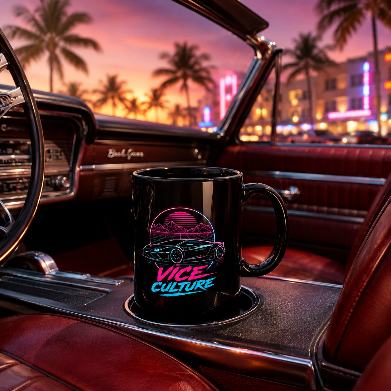 Vice Culture Neon Synthwave Car Black Ceramic Mug – Cyberpunk & JDM Streetwear Coffee Cup