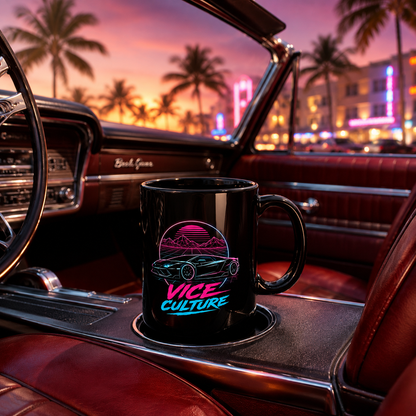 Vice Culture Neon Synthwave Car Black Ceramic Mug – Cyberpunk & JDM Streetwear Coffee Cup