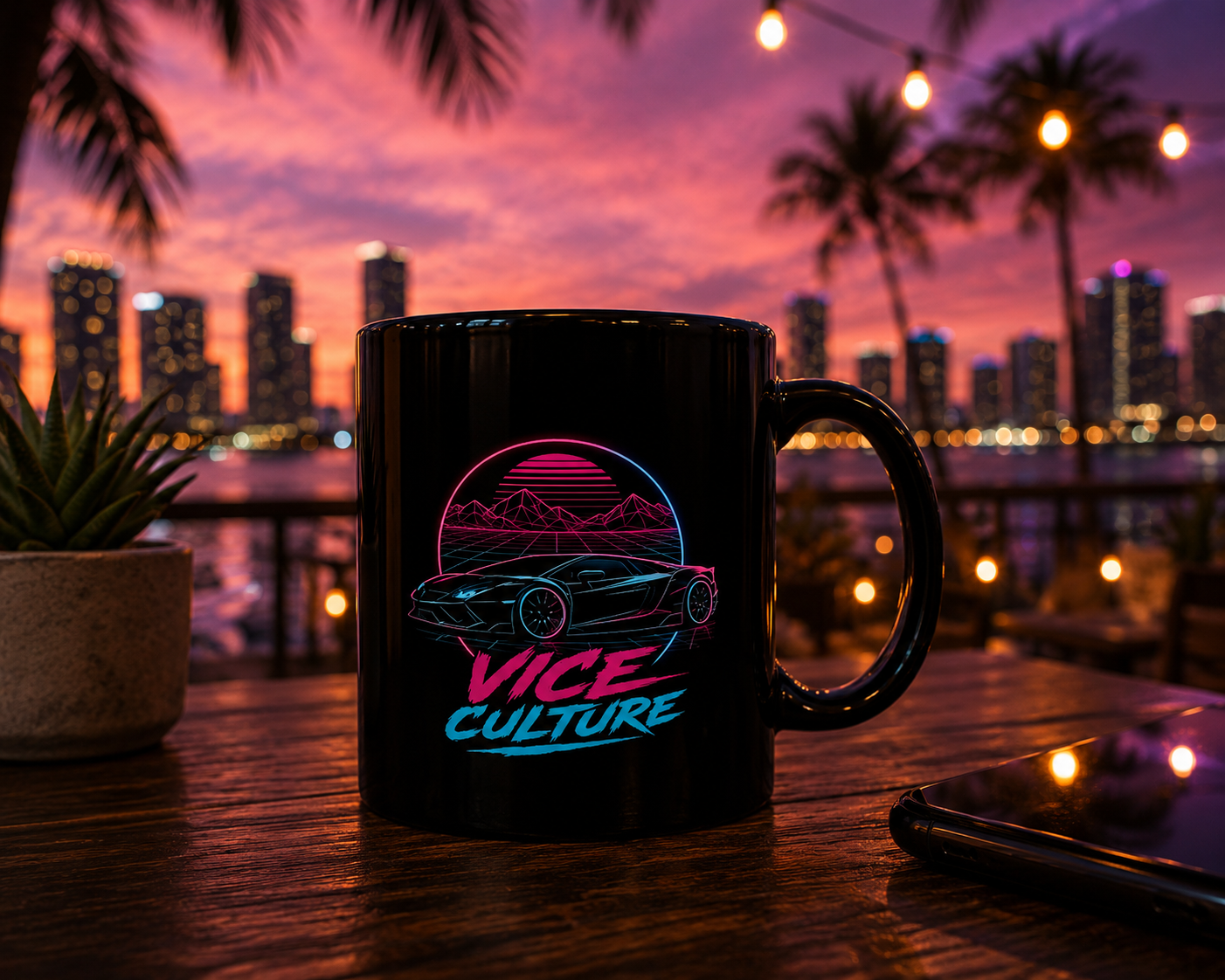 Vice Culture Neon Synthwave Car Black Ceramic Mug – Cyberpunk & JDM Streetwear Coffee Cup