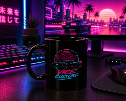 Vice Culture Neon Synthwave Car Black Ceramic Mug – Cyberpunk & JDM Streetwear Coffee Cup
