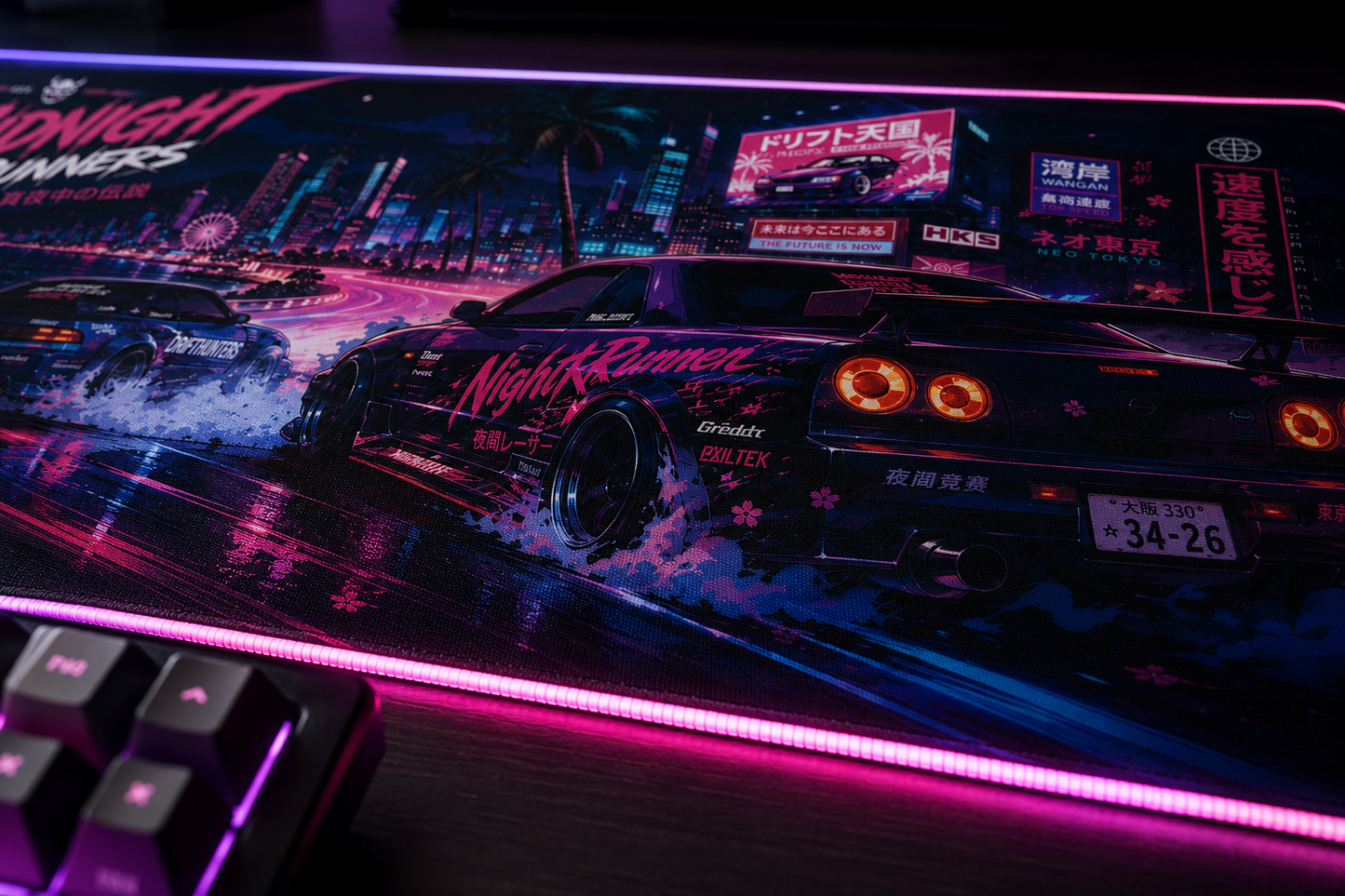 Retro Neon Racing LED Gaming Mouse Pad — "Midnight Runners" RGB Desk Mat