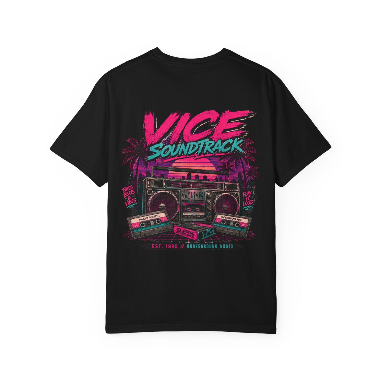 Vice Soundtrack Retro Streetwear T-Shirt – 80s Synthwave Boombox Graphic Tee, Cyberpunk Urban Apparel, Heavyweight Cotton Graphic Shirt