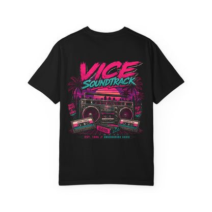 Vice Soundtrack Retro Streetwear T-Shirt – 80s Synthwave Boombox Graphic Tee, Cyberpunk Urban Apparel, Heavyweight Cotton Graphic Shirt