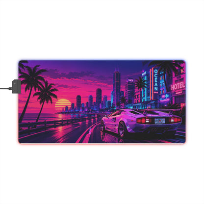Vice City Sunset Retro Gaming Mouse Pad – Extended RGB Desk Mat, Synthwave Cyberpunk Supercar Aesthetics, Large Desk Pad