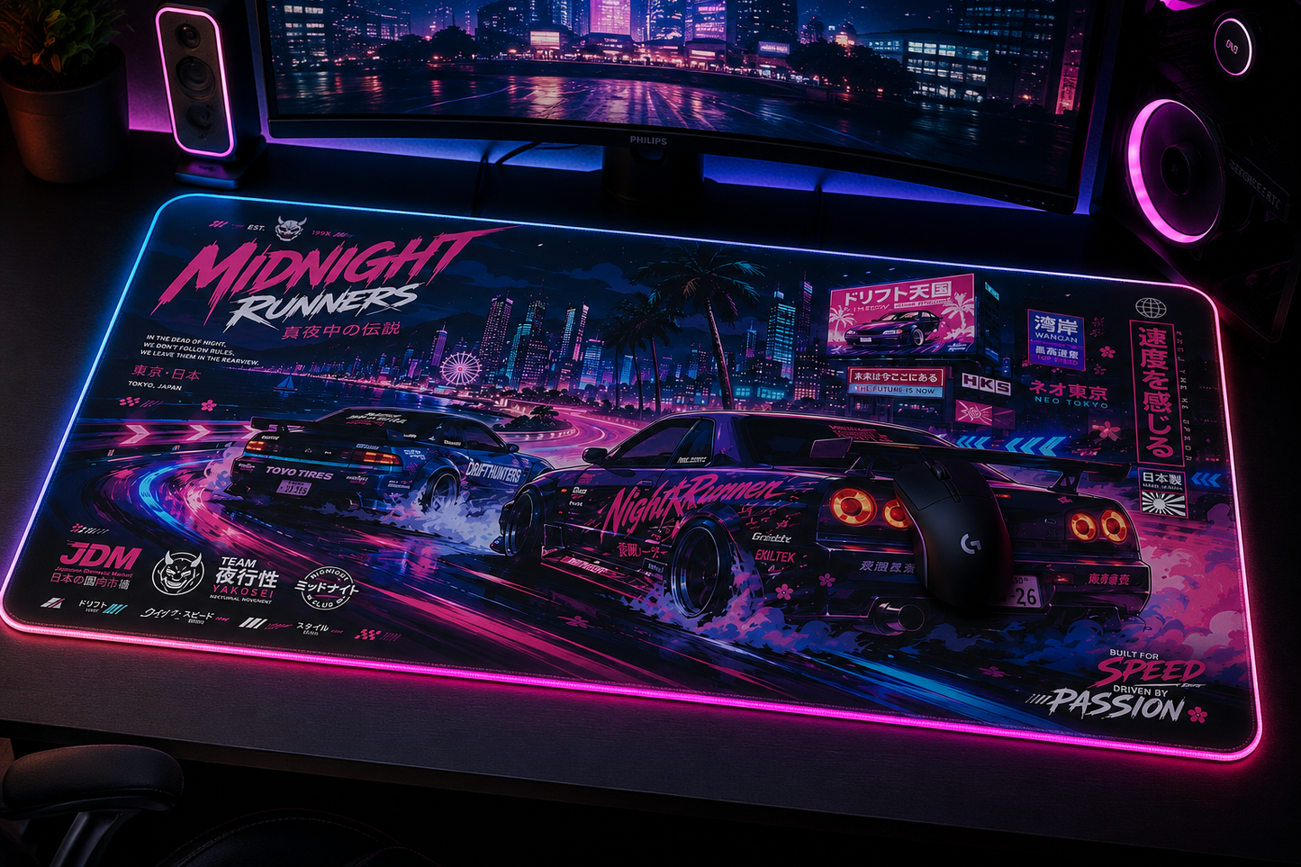 Retro Neon Racing LED Gaming Mouse Pad — "Midnight Runners" RGB Desk Mat