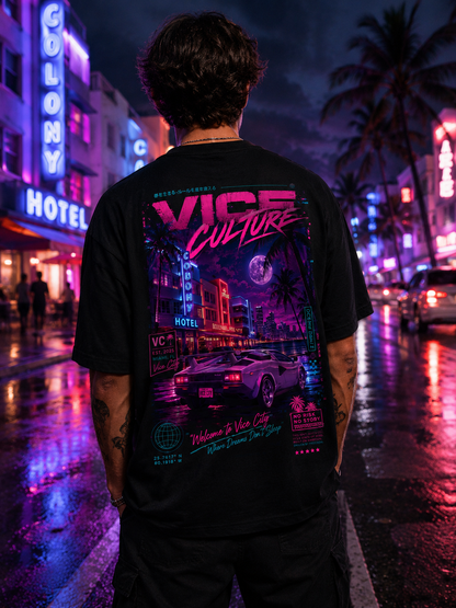 Vice Culture Oversized Neon Streetwear T-Shirt – Retro Cyberpunk City Back Print