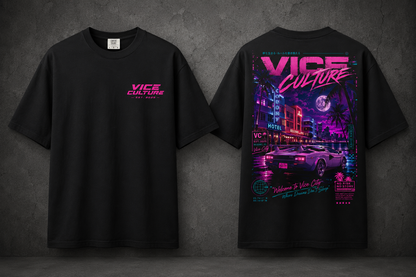 Vice Culture Oversized Neon Streetwear T-Shirt – Retro Cyberpunk City Back Print