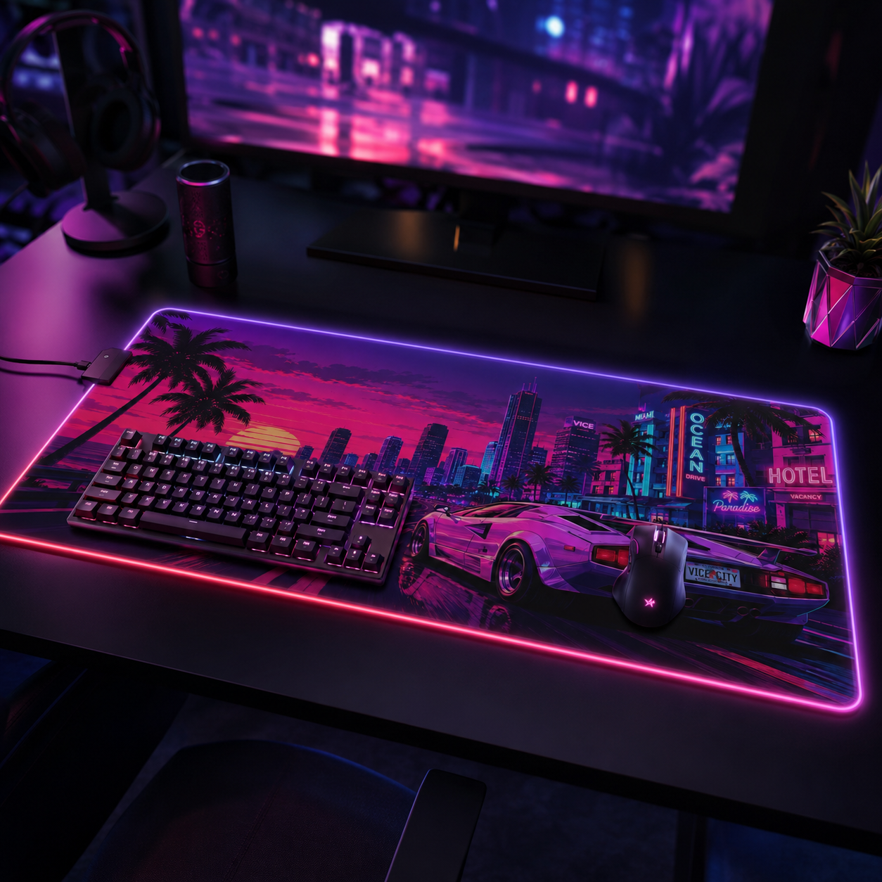 Vice City Sunset Retro Gaming Mouse Pad – Extended RGB Desk Mat, Synthwave Cyberpunk Supercar Aesthetics, Large Desk Pad