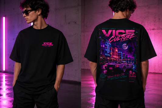Vice Culture Oversized Neon Streetwear T-Shirt – Retro Cyberpunk City Back Print