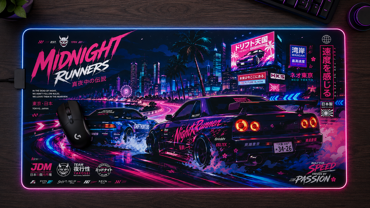 Retro Neon Racing LED Gaming Mouse Pad — "Midnight Runners" RGB Desk Mat