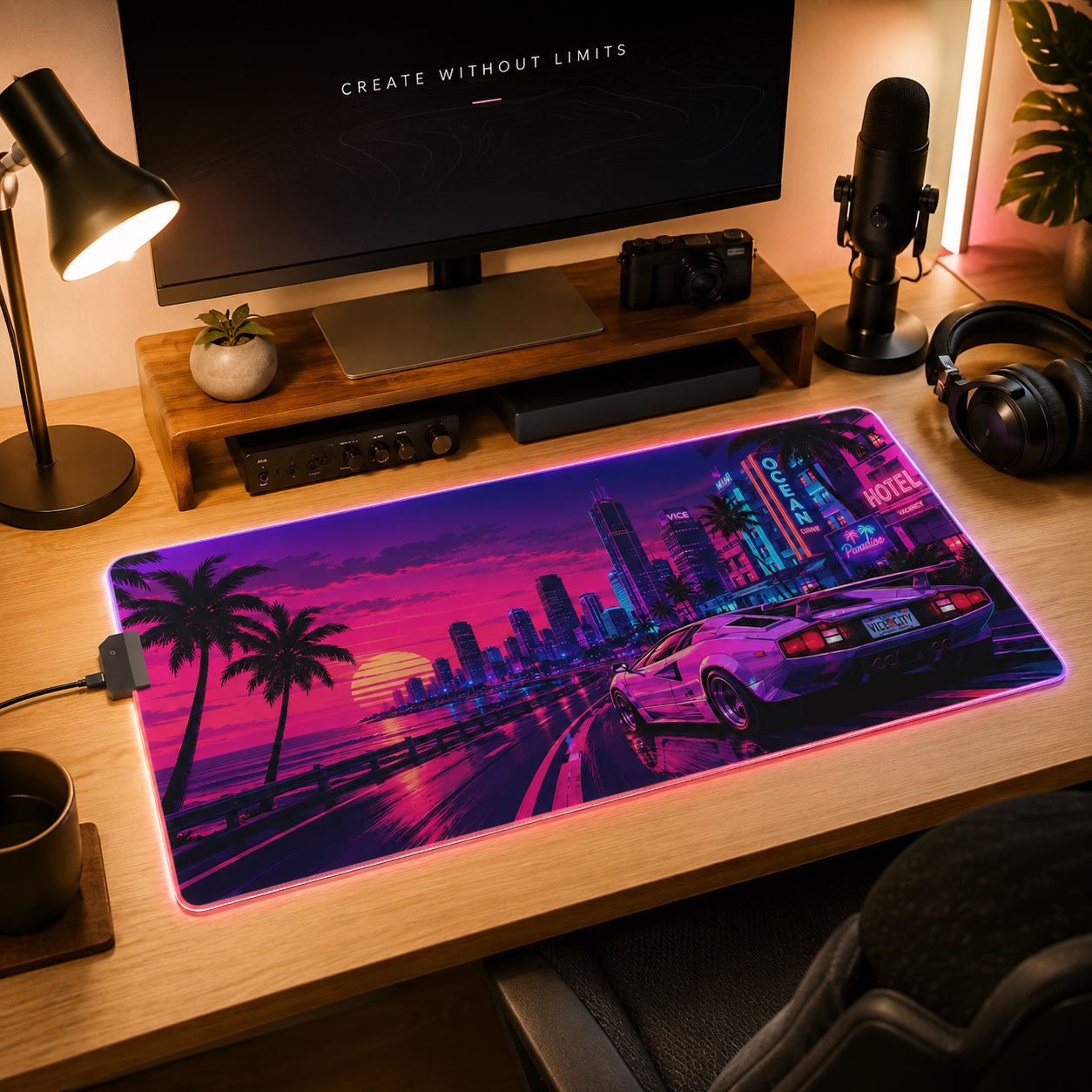 Vice City Sunset Retro Gaming Mouse Pad – Extended RGB Desk Mat, Synthwave Cyberpunk Supercar Aesthetics, Large Desk Pad