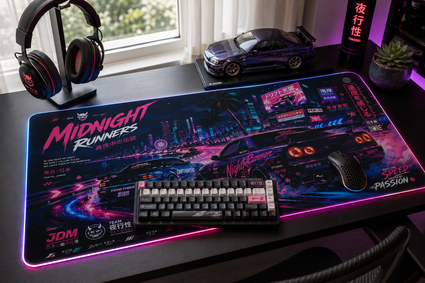 Retro Neon Racing LED Gaming Mouse Pad — "Midnight Runners" RGB Desk Mat