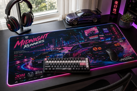 Retro Neon Racing LED Gaming Mouse Pad — "Midnight Runners" RGB Desk Mat