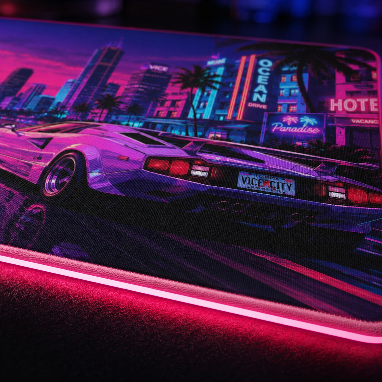 Vice City Sunset Retro Gaming Mouse Pad – Extended RGB Desk Mat, Synthwave Cyberpunk Supercar Aesthetics, Large Desk Pad